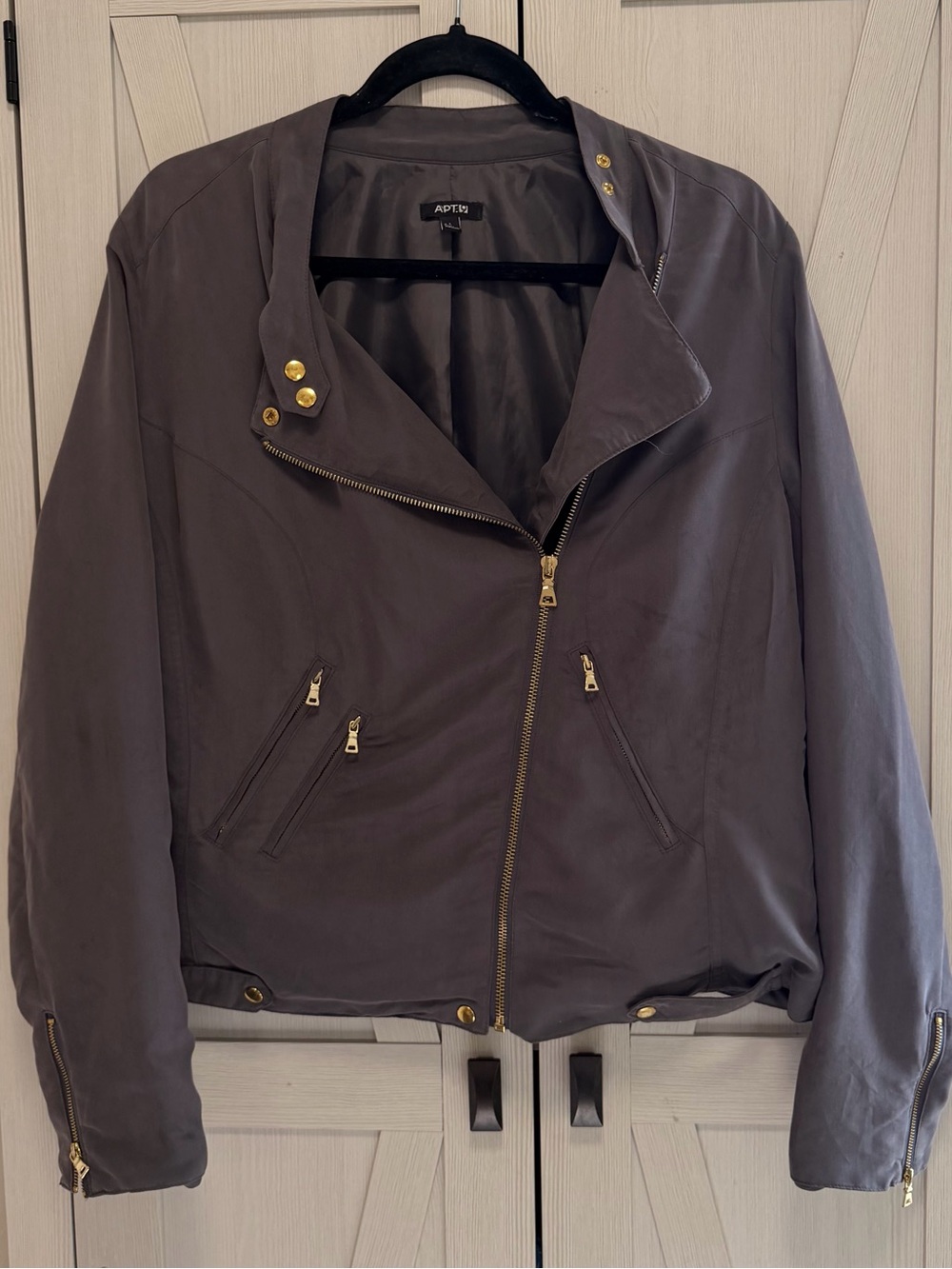 Women's Gray Asymmetrical Zip Jacket with Gold Hardware